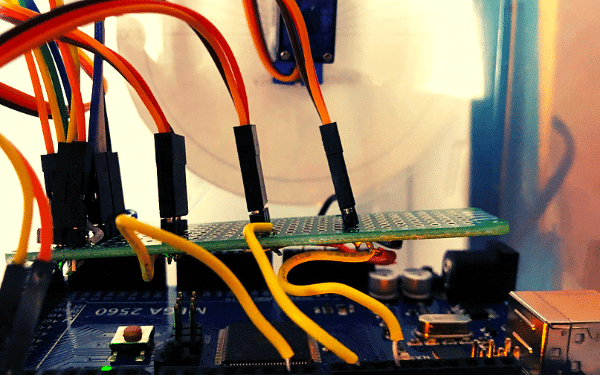 proto-perf board above arduino mega, lots of wires and connectors everywhere