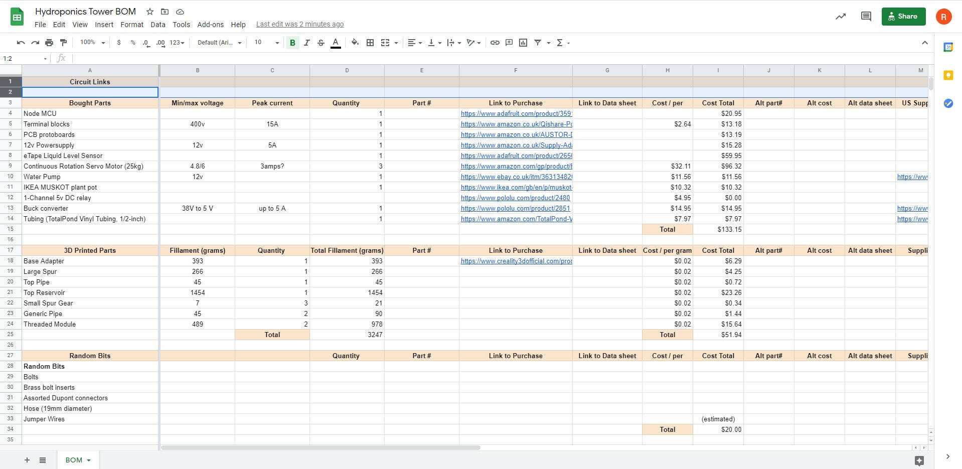 Arduino Hydroponics - Bill of materials