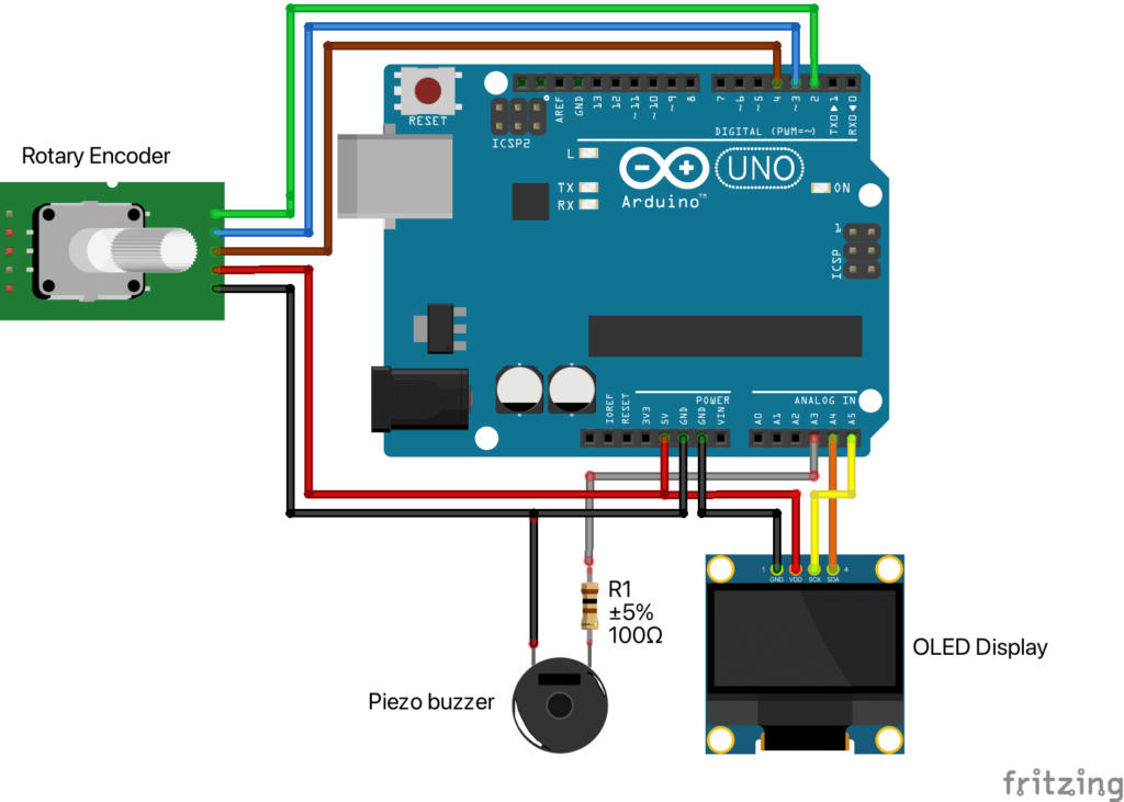 pong Arduino game circuit diagram, Arduino UNO, rotary encoder, peizo buzzer and OLED display