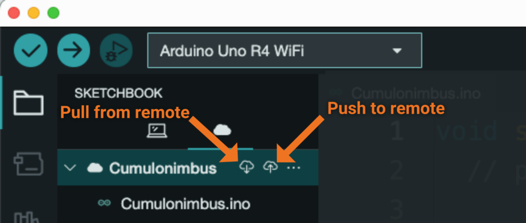 Push and Pull icons highlighted in Arduino IDE 2 for remote sketchbook