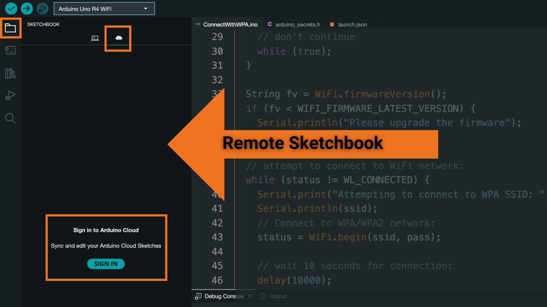 Arduino Remote Sketchbook panel in Arduino IDE 2 highlighted