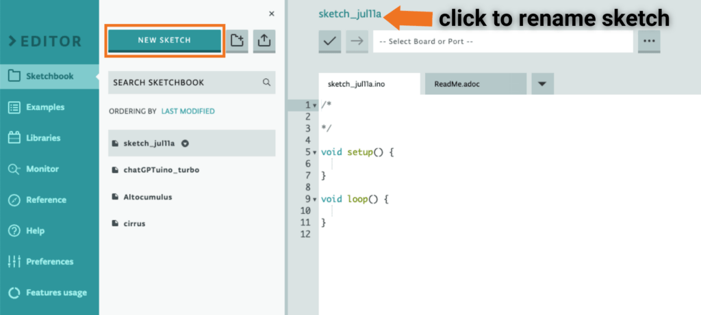 new sketchbook button highlighted in Arduino Web IDE