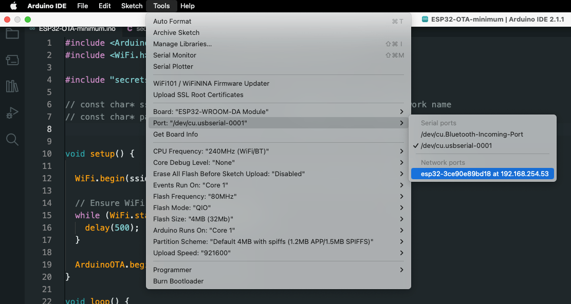 Arduino IDE dropdown selecting network port for over-the-air update