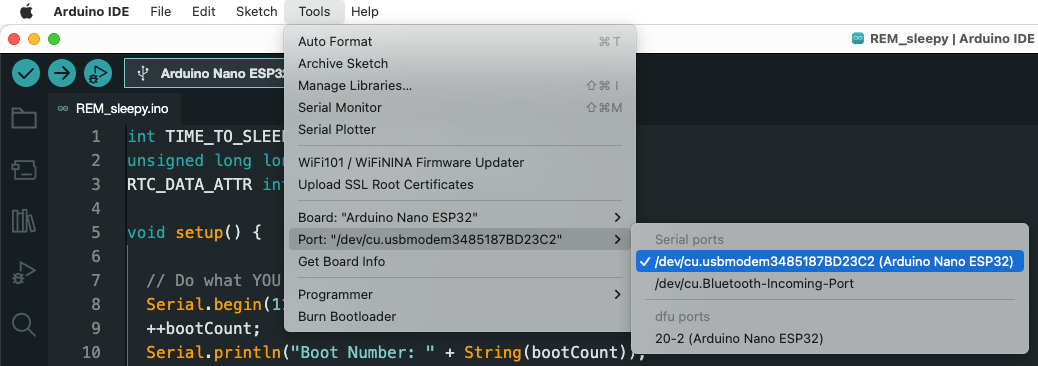 select correct port for Arduino Nano ESP32