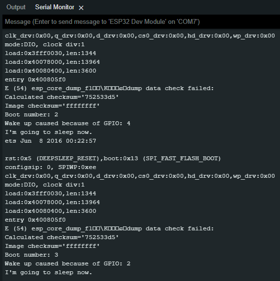 Arduino console readout from external wake-up ext1 from deep sleep