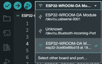 Arduino IDE 2.x board and port dropdown showing a network port listed. The port is from a board using ArduinoOTA