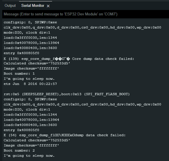 Arduino console readout from external wake-up ext0 from deep sleep