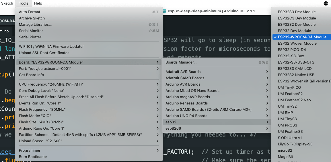 Arduino 2.x IDE selecting ESP32 board for deep sleep mode