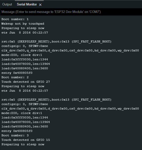 Arduino IDE Serial Monitor - Deep Sleep Touch Wake-Up