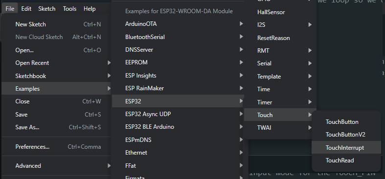 Arduino IDE File Menu drop down selecting ES32 touch interrupt example