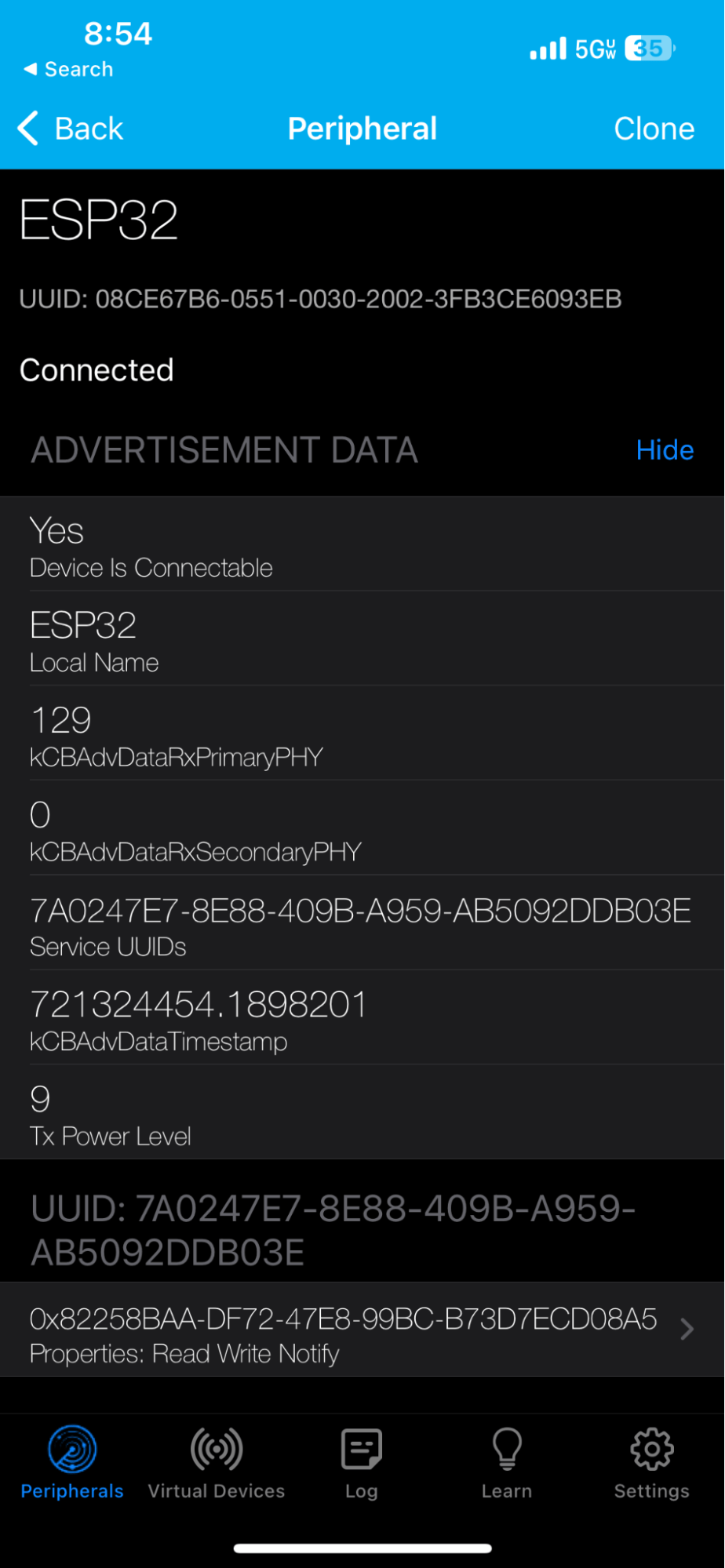 LightBlue App - ESP32 - Advertisement Data