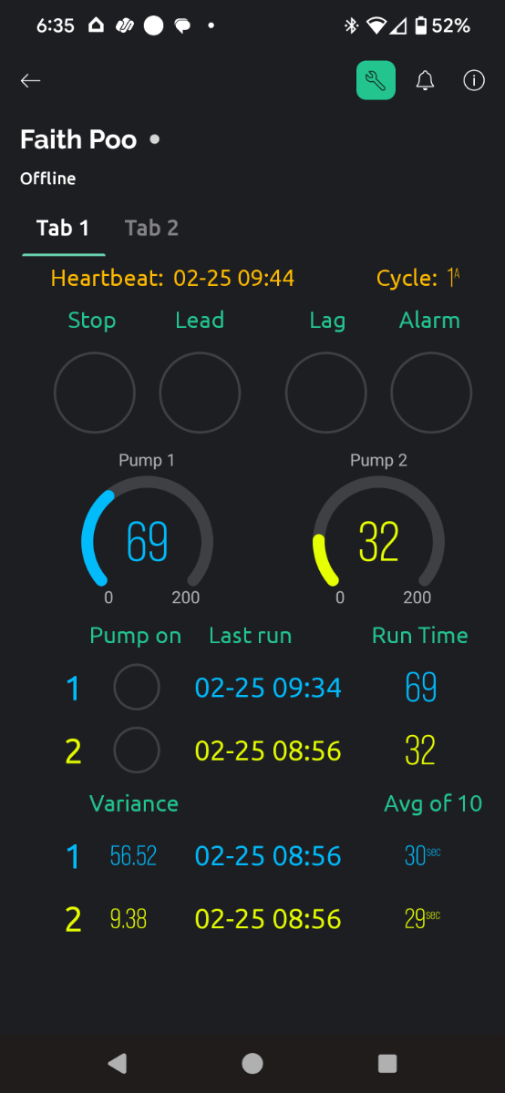 Blynk IoT phone dashboard for sewage pump