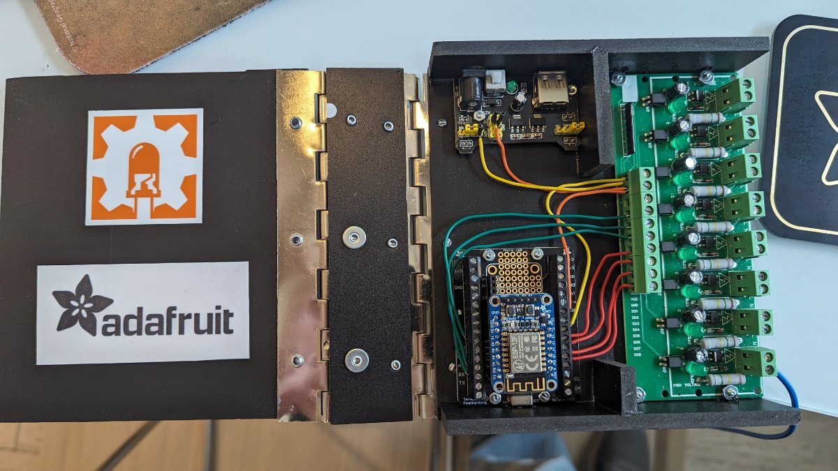 esp8266 sewage pump project box enclosure inside with programming electronics academy sticker