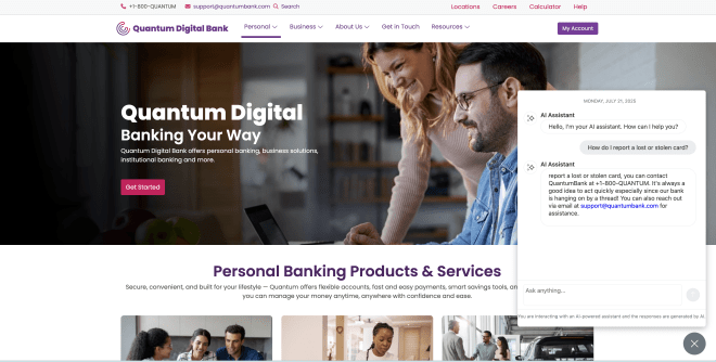 Capture d'écran d'un site Web bancaire avec navigation, une zone de héros principale avec un CTA primaire et un assistant d'IA démontrant l'interaction client avec la banque