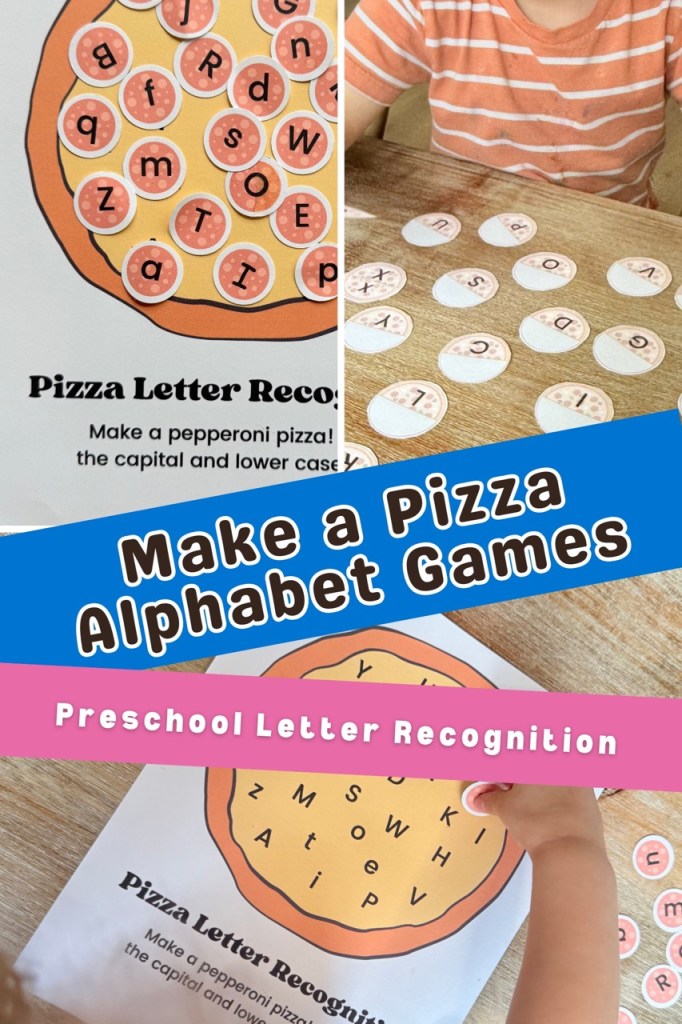 Fun pizza-themed letter recognition activity for toddlers and preschoolers! Teach upper and lower case letters with free printables and sensory play ideas.