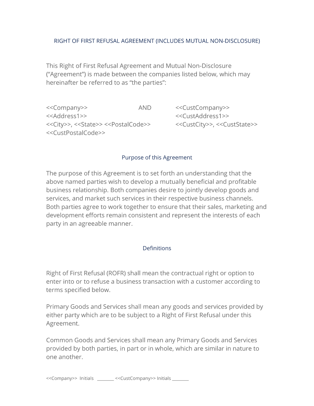 Right Of First Refusal With Non Disclosure Agreement