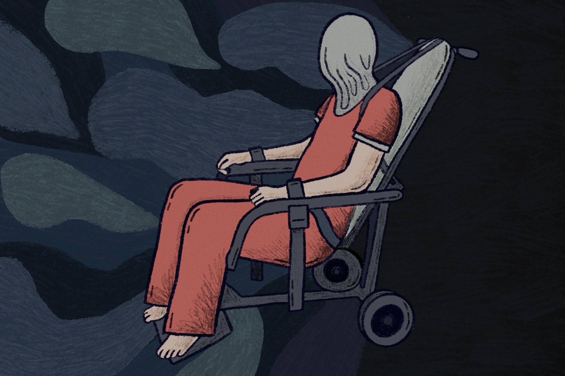 An illustration of a person in a red uniform with a spit hood covering their face and head. They are strapped into a gray chair by their shoulders and ankles. The background is black with dark blue abstract clouds.