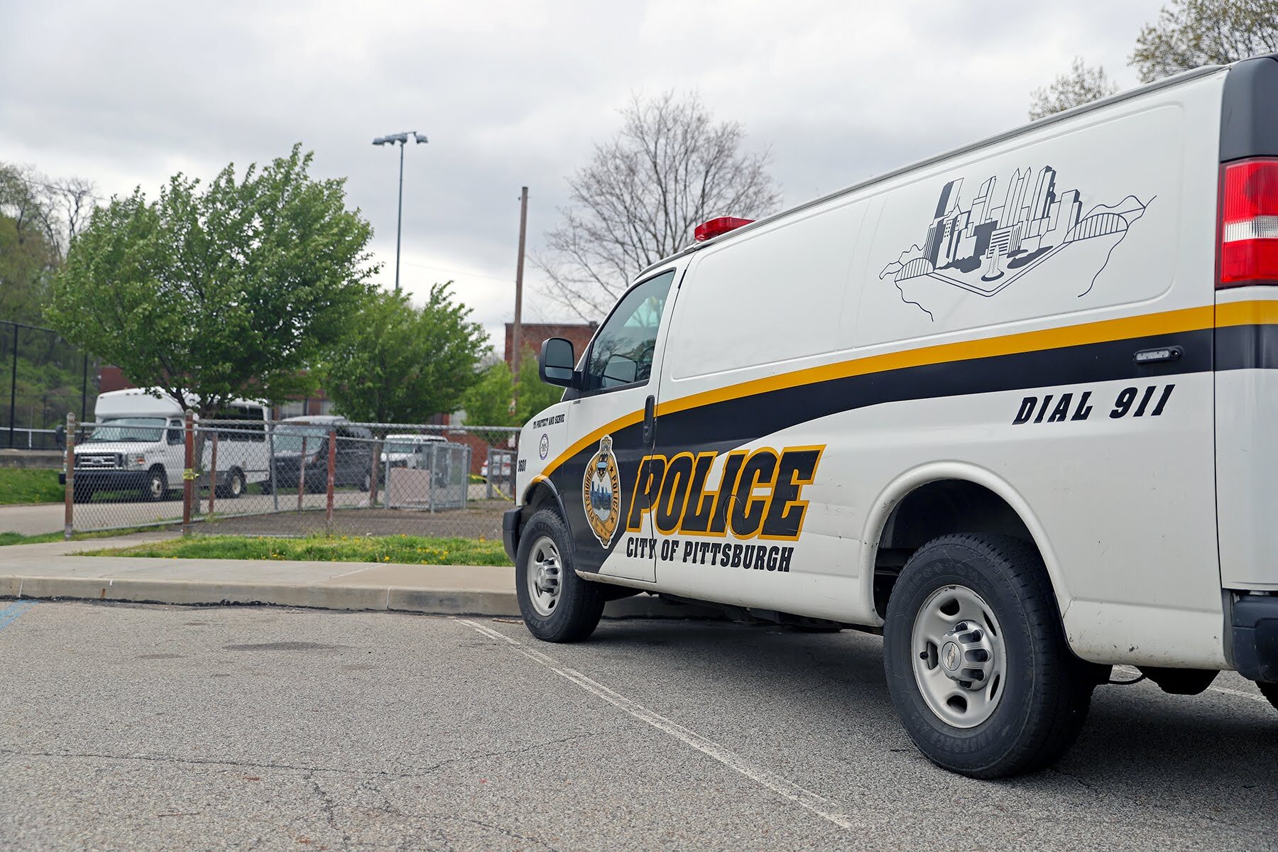 A police van parked at Moore Park in the Brookline neighborhood of Pittsburgh. (Photo by Jay Manning/PublicSource)