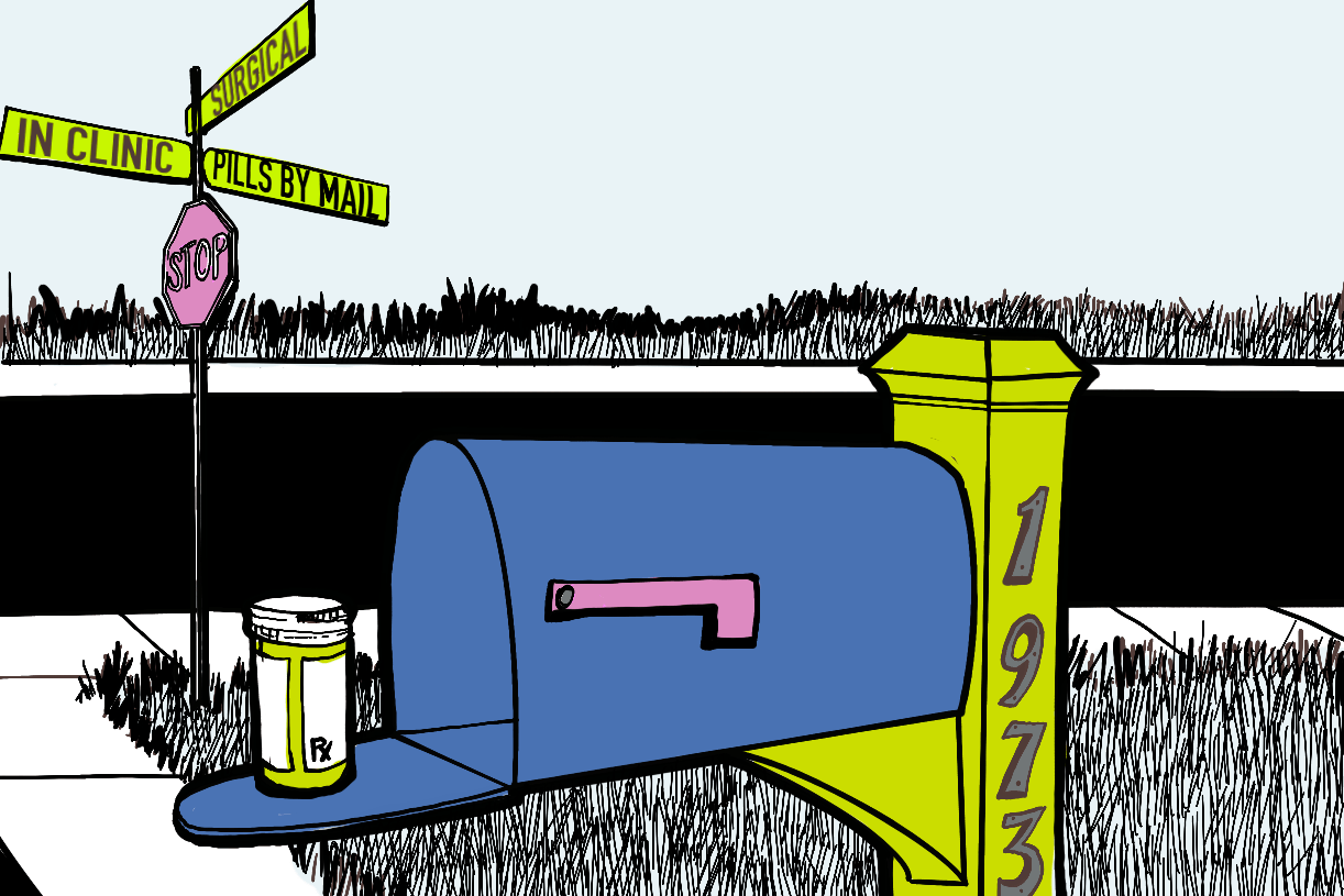 illustration of a mailbox on a road in front of a stop sign and the street names are "in clinic "surgical" and "pills", there is a small RX pill bottle sitting on the lip of the open mailbox