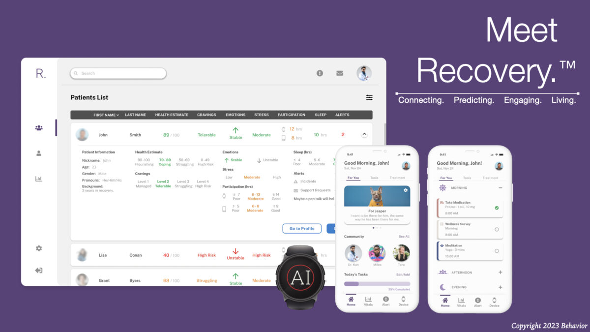 Screenshot of the Recovery by Behaivior app, showing a Patients List and other screen grabs from the phone app on a purple background with the words "Meet Recovery" in the top right corner.