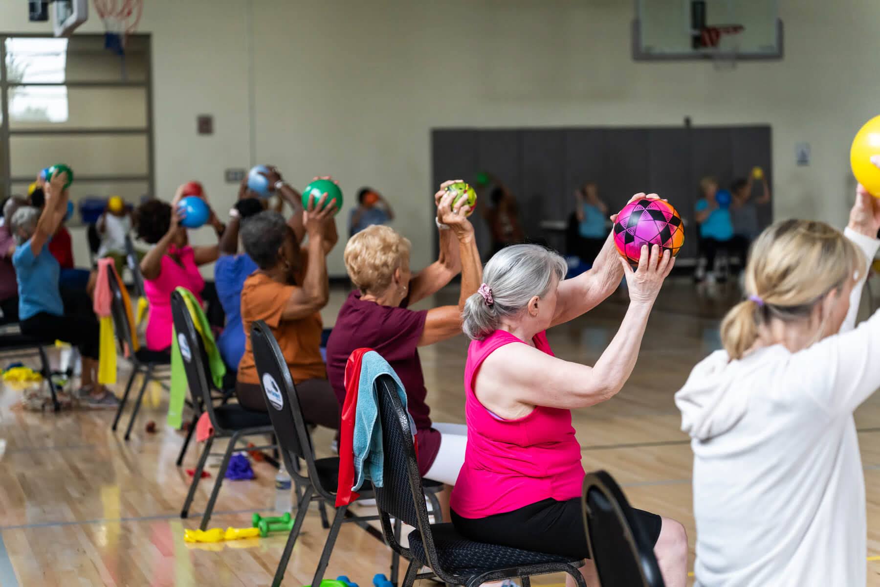 A group of elders are pictured from behind each lifting an exercise ball while seated, and attending an exercise class.