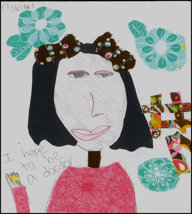 Child’s drawing of a person with black hair, surrounded by colorful flowers, with text “I hope to be a doctor” and “Chrystal” written in the corner.