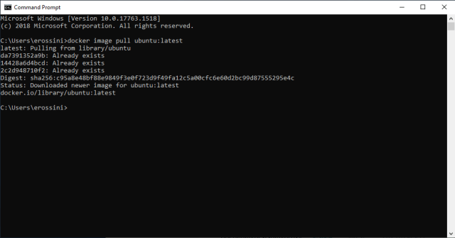 Command Prompt pulls an Ubuntu Docker image Command Prompt pulls an Ubuntu Docker image