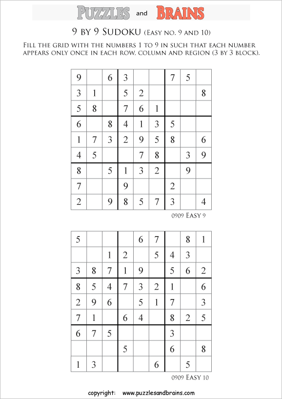 printable 9 by 9 sudoku puzzles for kids beginners and profs