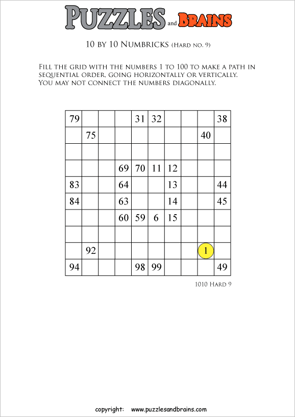 printable 10 by 10 difficult level numbrix logic puzzles