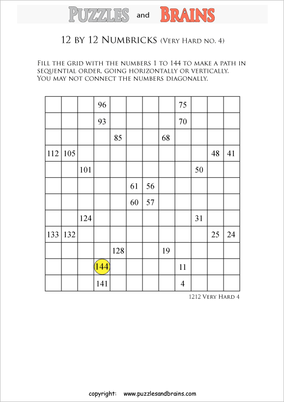 printable 12 by 12 very difficult level numbrix logic