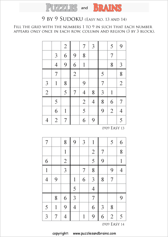printable 9 by 9 sudoku puzzles for kids beginners and profs