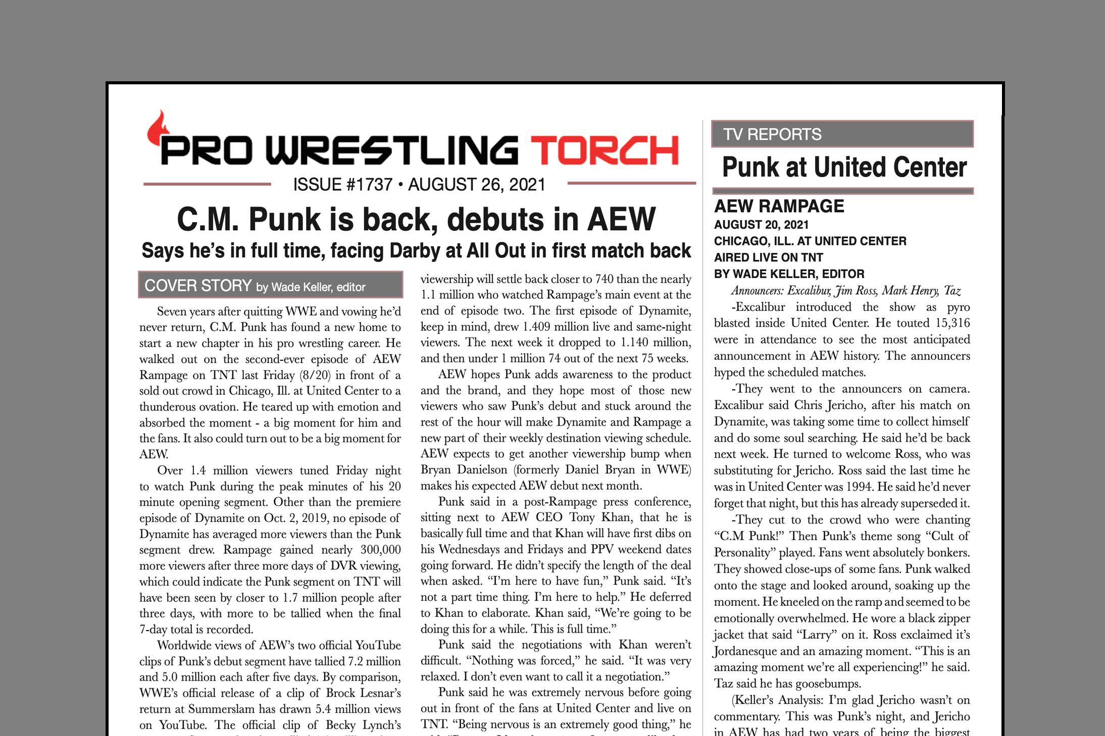 Vip Newsletter Pro Wrestling Torch 1737 Aug 26 21 Keller S Cover Story On C M Punk S Return To Aew With Early Metrics And Punk S Press Conference Plus Keller S Rampage Dynamite Reports