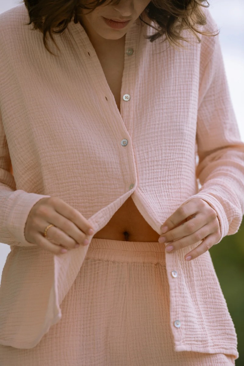 CHEMISE DE PYJAMA FEMME EN GAZE DE COTON BIO ROSE POUDRE
