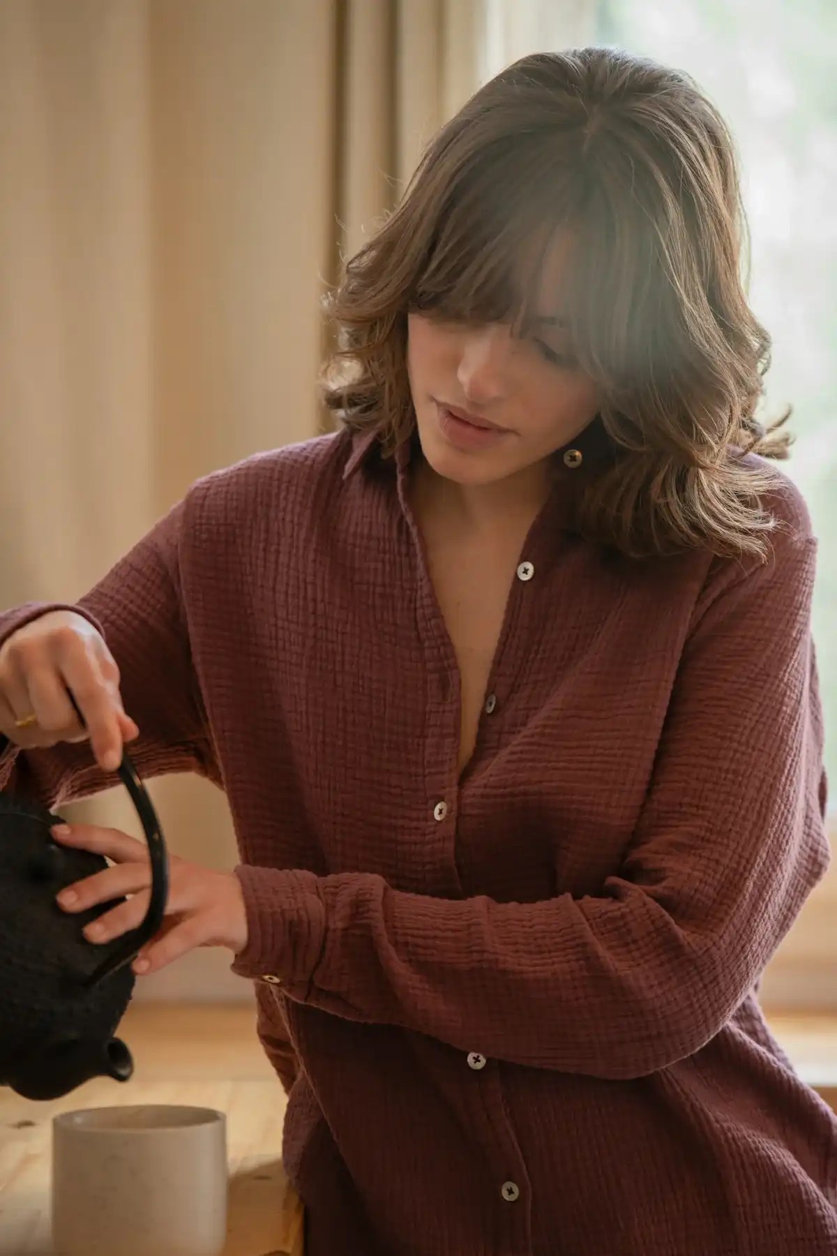 pyjama femme gaze de coton bordeaux