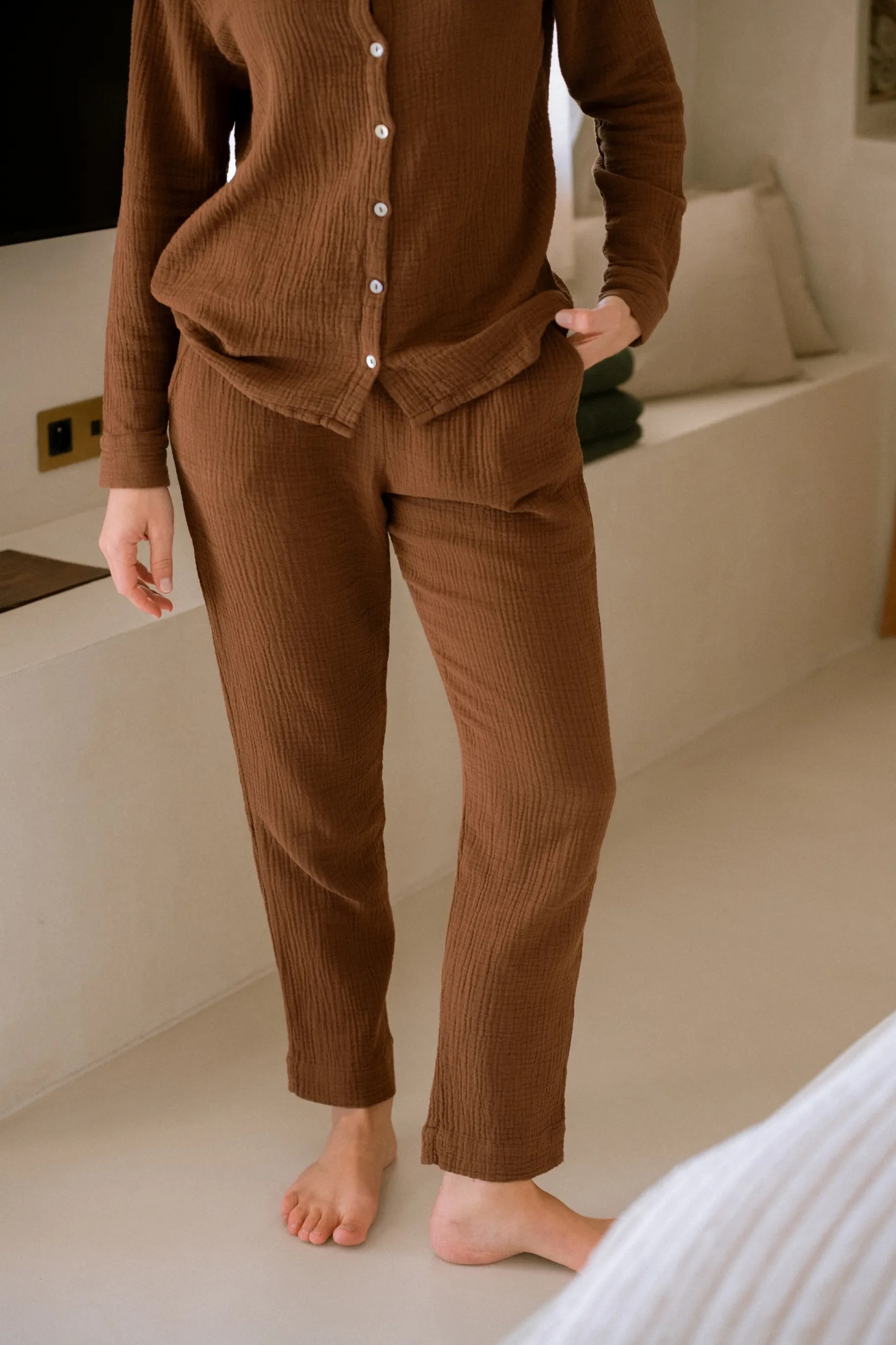 PANTALON DE PYJAMA FEMME EN GAZE DE COTON BIO MARRON