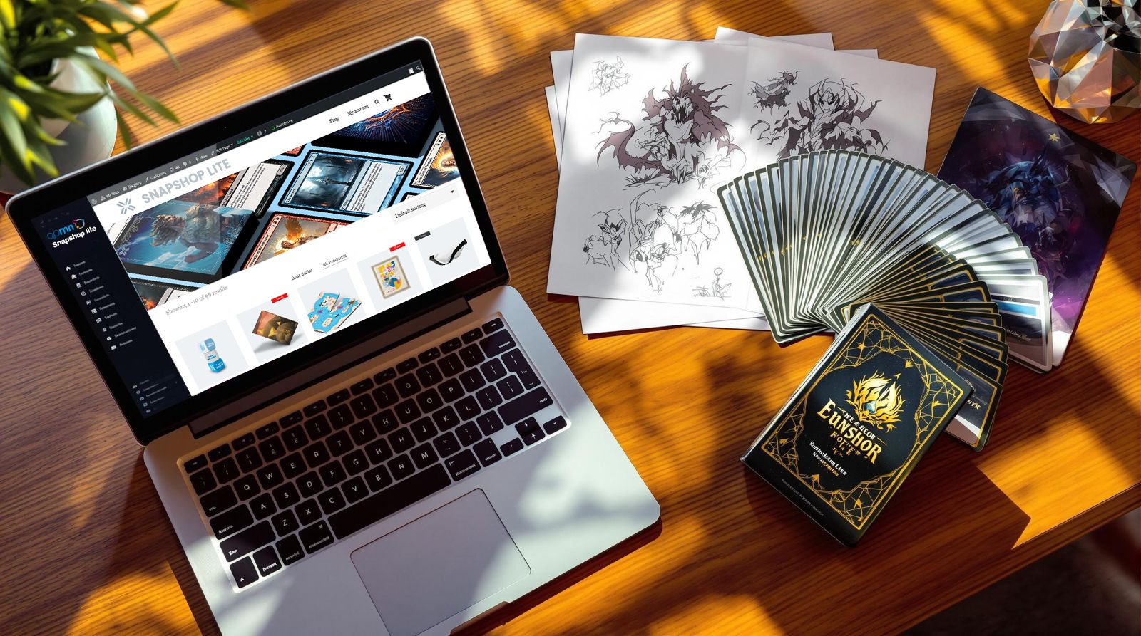 Cinematic photo of custom print-on-demand trading cards with Snapshop Lite landing page shown on the laptop screen, representing a high-quality Etsy alternative for creative sellers.