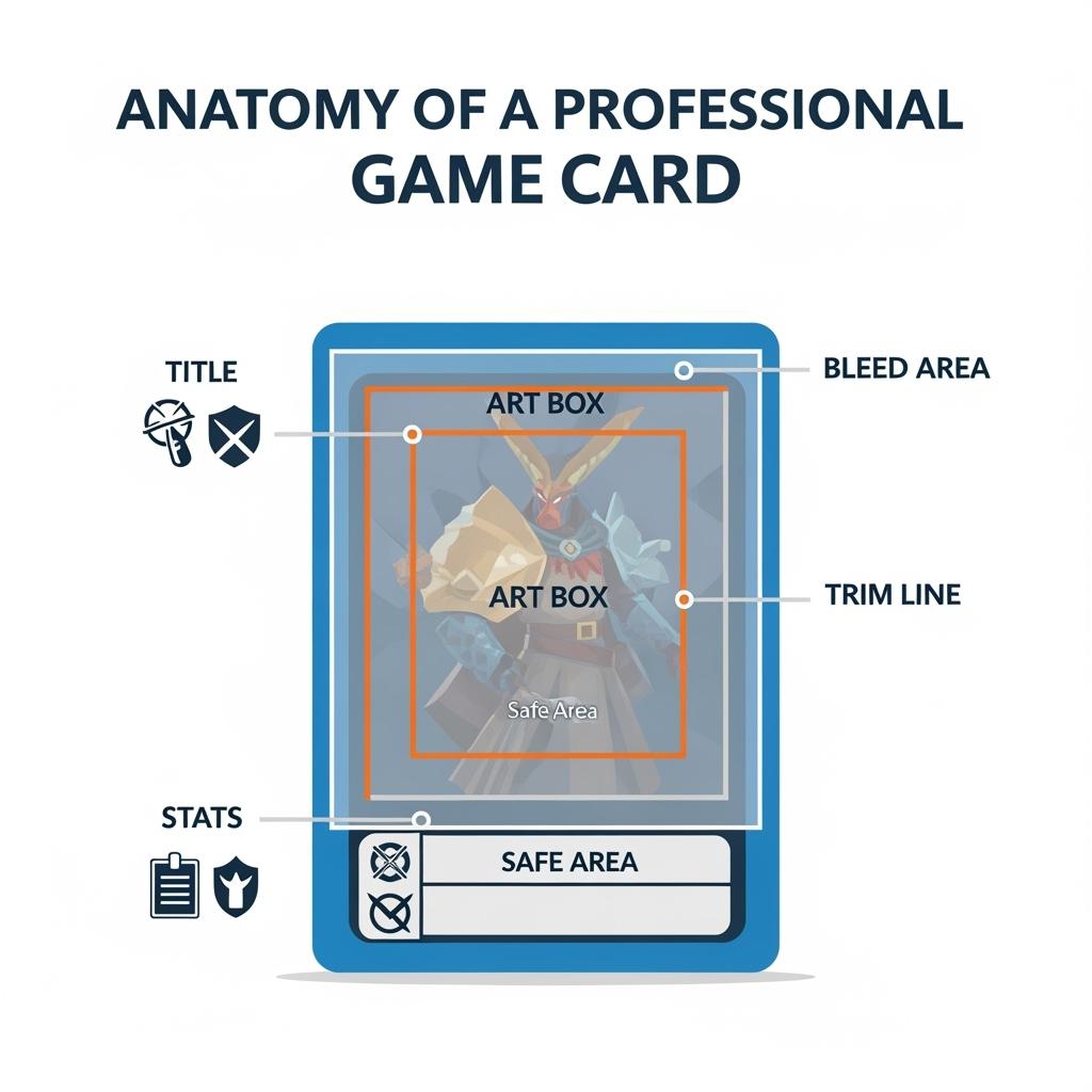 Diagram of the anatomy of a professional game card, explaining how to make trading cards by labeling the Title, Stats, Art Box, Safe Area, Trim Line, and Bleed Area.