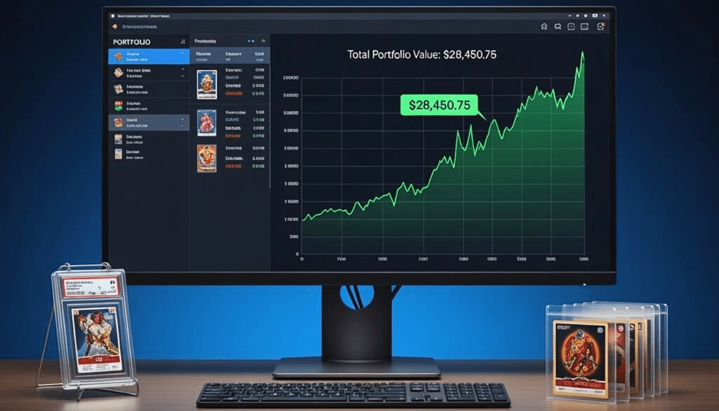 A hero image for a guide on selling trading cards, showing a computer monitor with a professional analytics dashboard that tracks the growing value of a trading card portfolio.