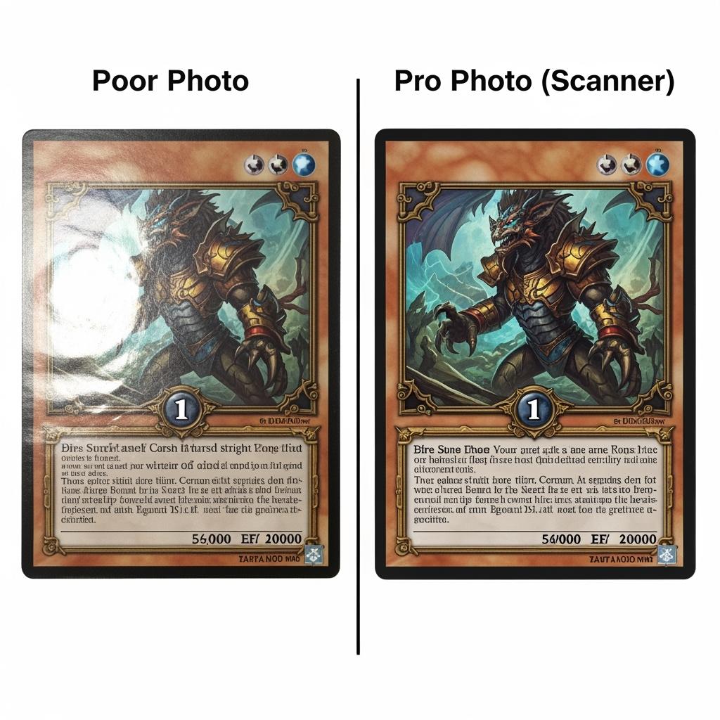 A comparison image showing the superior quality of a trading card photo taken with a flatbed scanner versus a phone camera, a key tip for creating a professional listing.