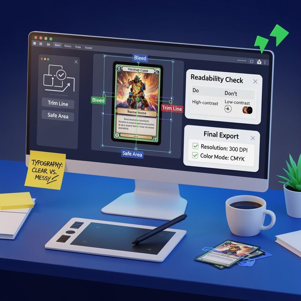A 3D illustration of a game designer's desk, visualizing the final graphic design stage of creating a trading card game. The computer screen displays a card design with crucial print guides for the bleed, trim, and safe areas. Widgets on the screen confirm best practices like high-contrast text, 300 DPI resolution, and CMYK color mode, essential for making a professional trading card game.