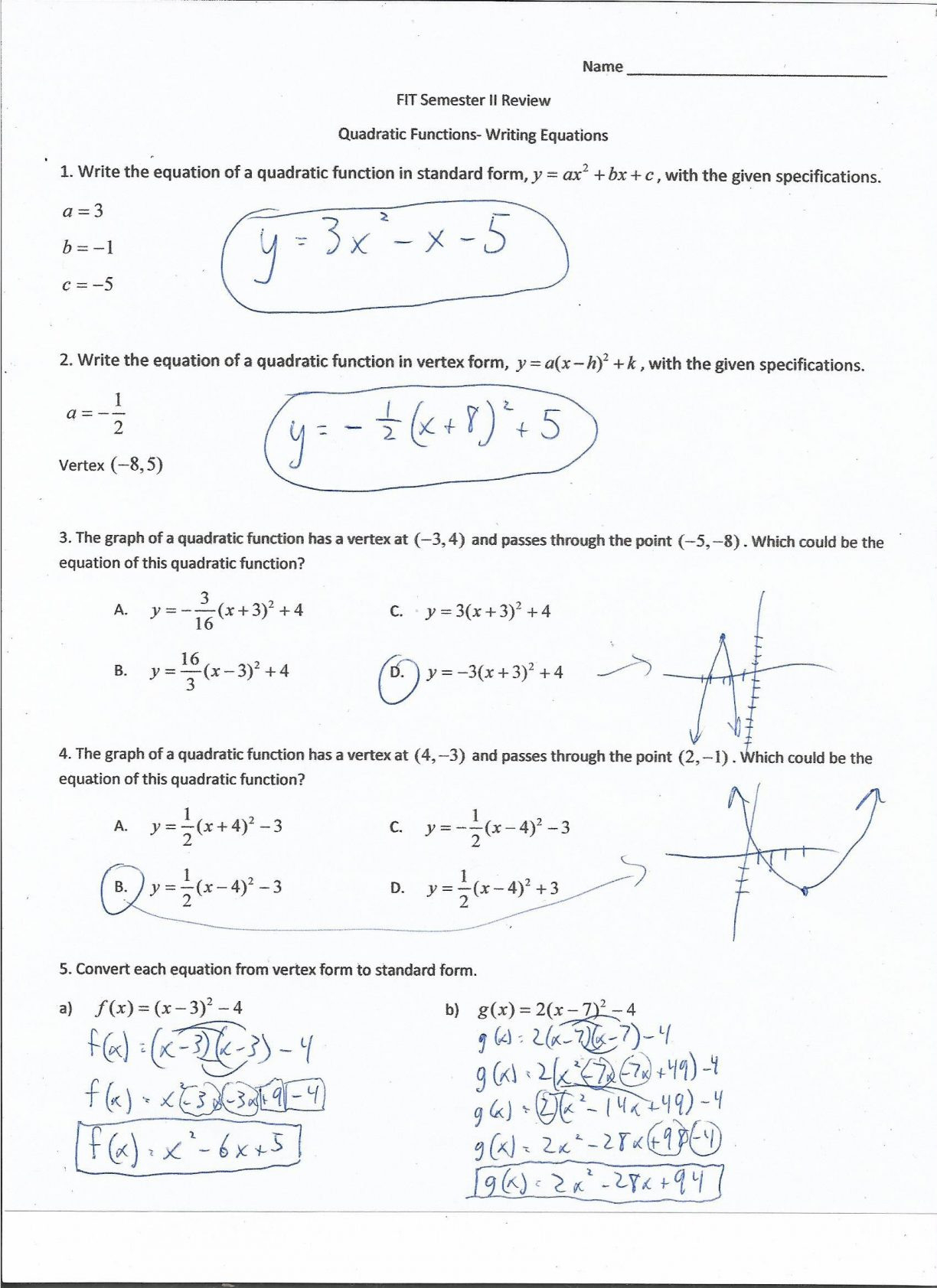 Quadratic Functions Worksheet Answer Key - Quadraticworksheet.com