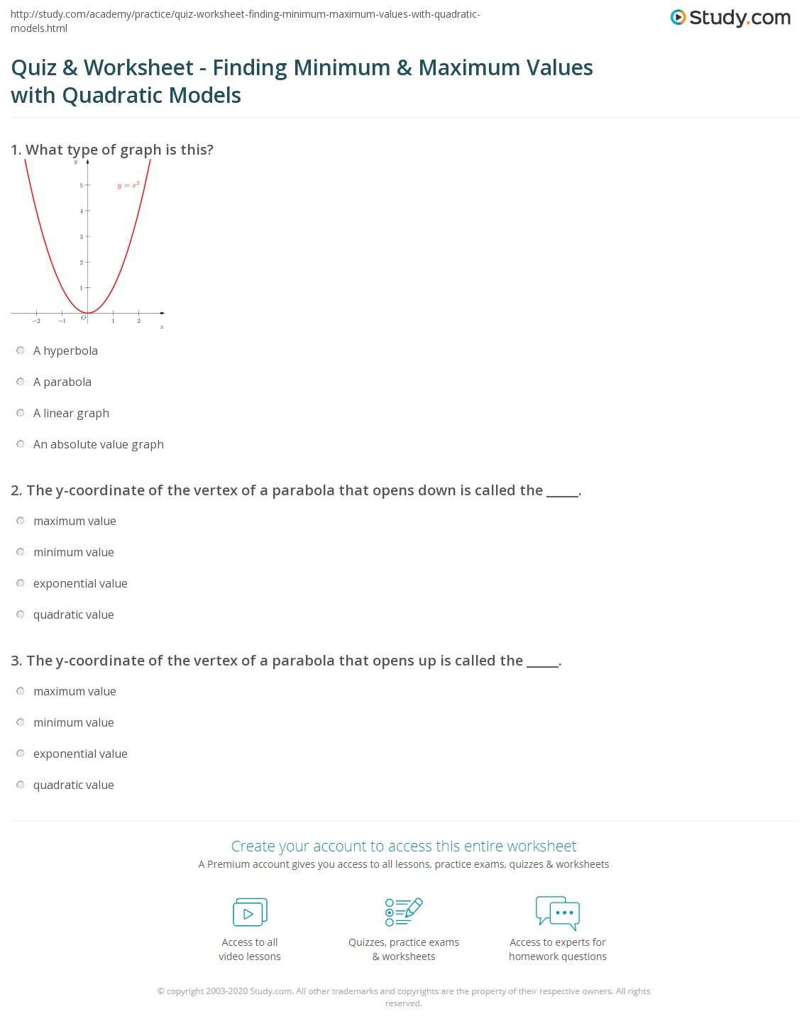 Quiz Worksheet Finding Minimum Maximum Values With Quadratic