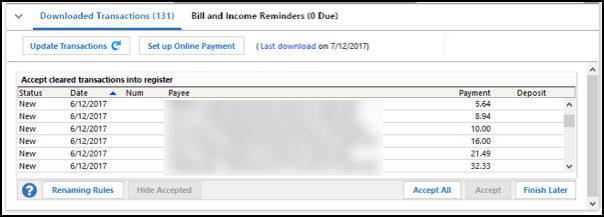 Quicken says there are transactions to accept but i do not see any