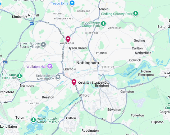 Nottingham Self Storage Locations Quick QSS Map.