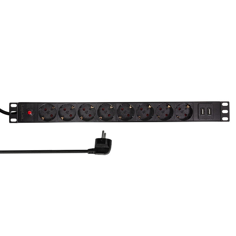 PDU LOGILINK 1U pt. rack 19 inch, 8 prize Schuko, intrare Schuko, max 16 A, on/off, protectie la supratensiune, 2 x USB 2.1A, 2 m