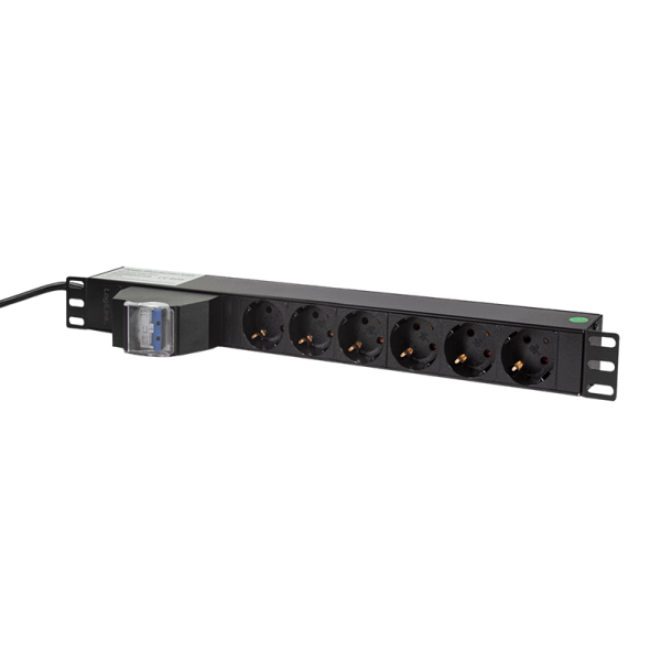 PDU LOGILINK 1U pt. rack 19 inch, 6 prize Schuko, intrare Schuko, max 16 A, circuit intrerupere 2 poli, 2 m