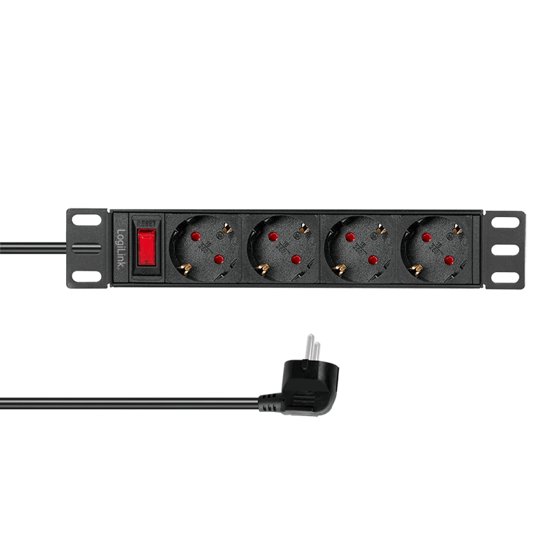 PDU LOGILINK 1U pt. rack 10 inch, 4 prize Schuko, intrare Schuko, max 16 A, ON/OFF, IP20, 2 m, negru
