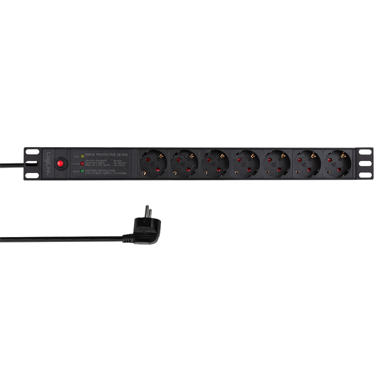 PDU LOGILINK 1U pt. rack 19 inch, 7 prize Schuko, intrare Schuko, max 16 A, ON/OFF, prot. suprasarcina, filtru de linie, IP20, 2 m, negru