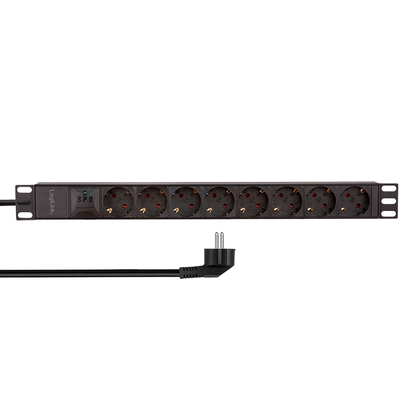 PDU LOGILINK 1U pt. rack 19 inch, 8 prize Schuko, intrare Schuko, max 16 A, prot. suprasarcina, IP20, 2 m, negru