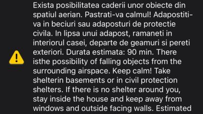 TULCEA: Mesaje RO-ALERT – populaţia a fost avertizată de posibilitatea căderii unor obiecte din spaţiul aerian